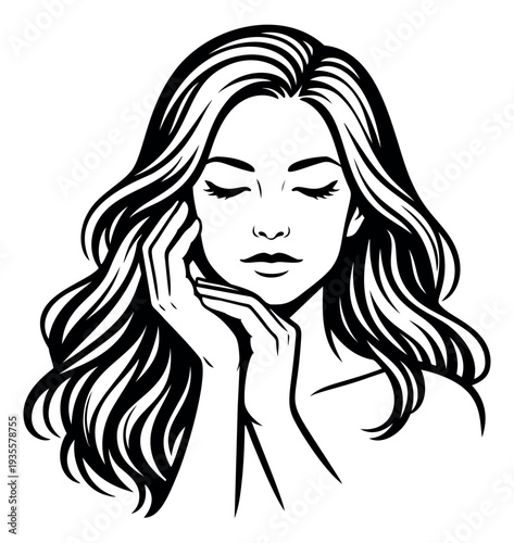 Graphic line art illustration of a woman depicting serene beauty with her eyes closed for spa and wellness