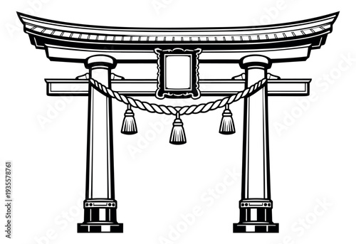 Hand drawn line art illustration of a japanese torii gate depicting a sacred entrance with a shimenawa rope for asian culture designs