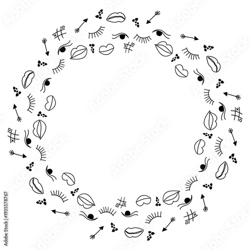 Round decorative monochrome wreath made of makeup doodle frame with lips, eyes, arrows and tic tac toe symbols isolated on white background.