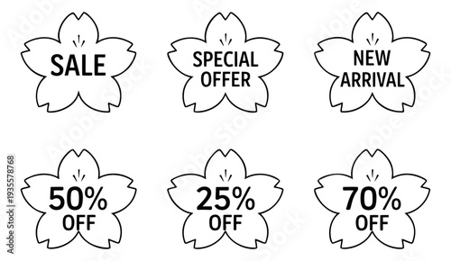 Minimalist line art promotional badges set featuring various discount percentages and offer messages for retail promotions and online advertising