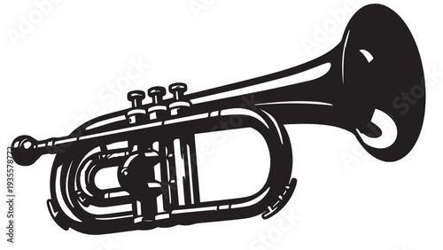 Monochrome trumpet illustration with bold silhouette for graphic design.