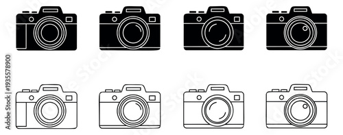 Minimalist graphic camera set featuring solid and line art photographic designs for modern digital and multimedia projects