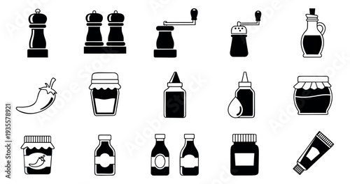 Clean icon condiment and spice set featuring pepper mills, oil bottles, chili peppers, and various jars and sauces for kitchen and culinary designs