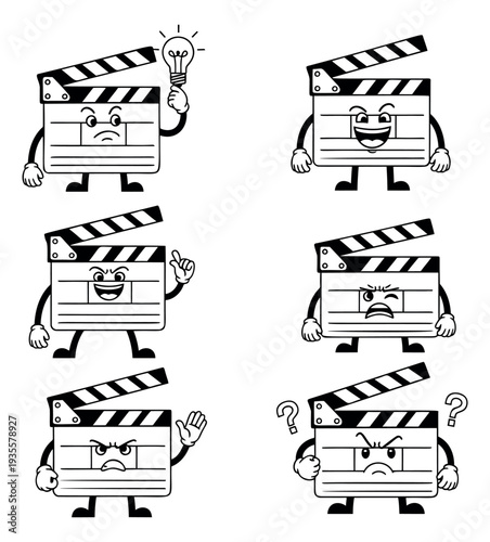 Hand drawn cartoon line art clapboard characters set featuring a range of emotions and ideas for film and cinema production