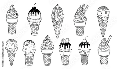 Hand drawn line art ice cream set featuring various cones and scoops for sweet summer treats