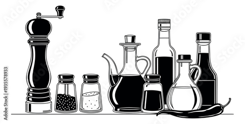 Hand drawn line art kitchen condiments set featuring a pepper mill, shakers, oil and vinegar bottles, and a chili pepper for cooking and meal preparation