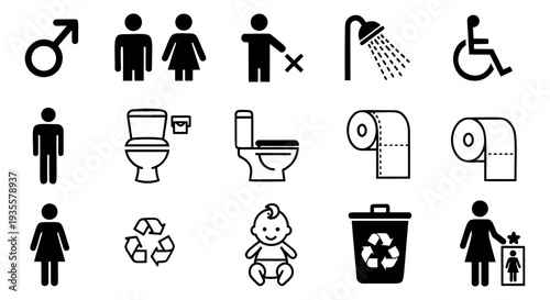 Modern pictogram set featuring gender, accessibility, hygiene, and recycling symbols for public facilities