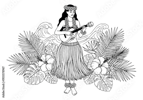 Hand drawn line art illustration of a Hawaiian woman depicting her playing a ukulele surrounded by tropical plants and ocean waves for summer vacation