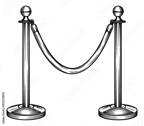 Hand drawn line art illustration of a stanchion rope barrier depicting exclusivity for luxury events