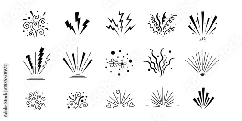 Illustration of collection of various black floral and plant icons in different styles and designs