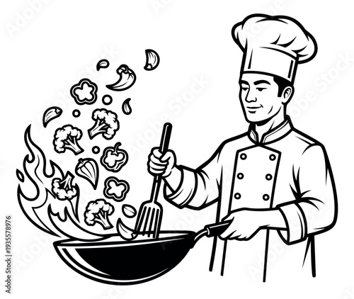 Line art illustration of a chef depicting stir-frying vegetables in a wok for culinary and cooking design