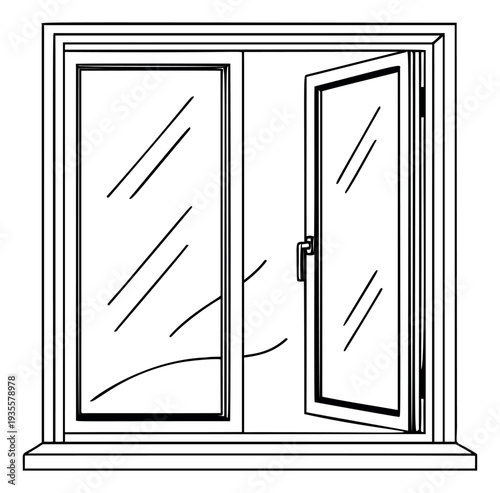 Hand drawn line art illustration of a double window depicting one pane open for architectural design