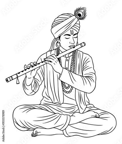 Hand drawn line art illustration of Lord Krishna depicting playing the flute for spiritual and cultural themes