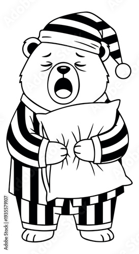 Black and white line art illustration of a sleepy bear depicting yawning and holding a pillow for bedtime concepts