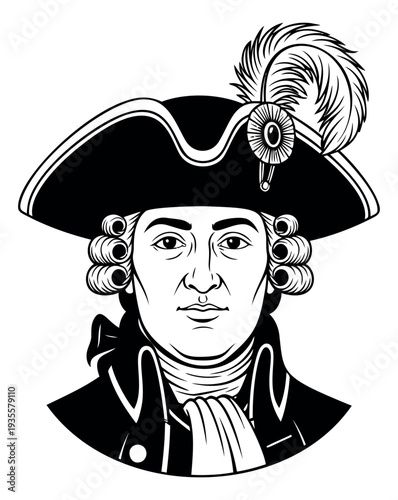 Vintage line art illustration of an 18th century gentleman depicting a feathered tricorne hat and powdered wig for historical representation