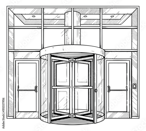 Hand drawn line art illustration of a building entrance depicting a revolving door for commercial architecture