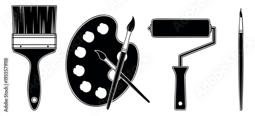 Outline painting tools set featuring various brushes, a paint roller, and an artist's palette for creative projects