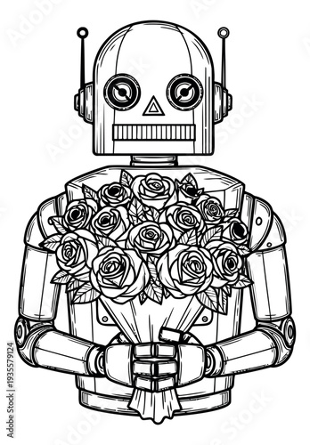 Hand drawn line art illustration of a robot depicting a romantic gift for special occasions