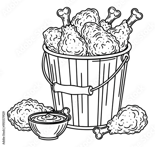 Hand drawn line art fried chicken set featuring a bucket of drumsticks and breasts with dipping sauce for fast food restaurant menus