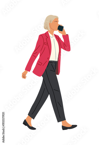 Full body flat vector illustration of a young businesswoman with short blonde bob, wearing a magenta blazer and black trousers, walking in side view while chatting on her smartphone.