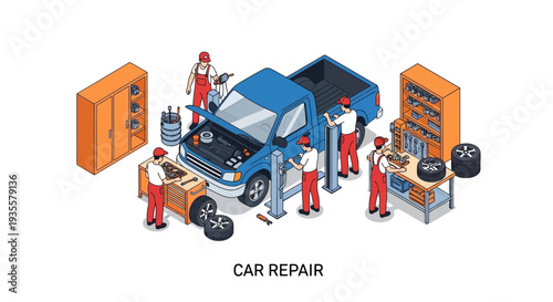 Illustration of car repair service with mechanics working on a blue vehicle in a garage