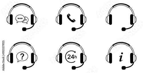 Simple line art headset icons set featuring chat, phone, question, information, and 24h symbols for customer support and online service