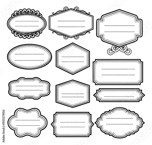 Line art decorative labels set featuring various ornate shapes and dotted lines for design projects