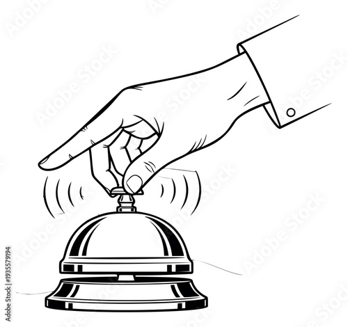 Hand drawn line art illustration of a hand pressing a service bell depicting a call for assistance
