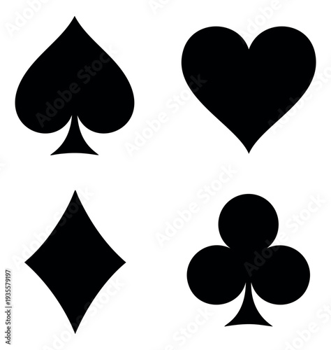 Simple graphic card suits set featuring the four classic card suit symbols for games and entertainment design