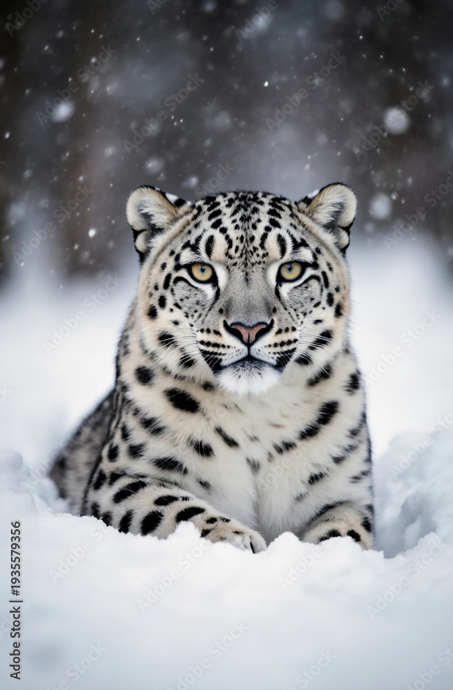 Obraz premium Majestic Snow Leopard Rests Gracefully Amidst Falling Snowflakes in a Serene Winter Landscape, Evoking a Sense of Tranquility and Wild Beauty Generative AI