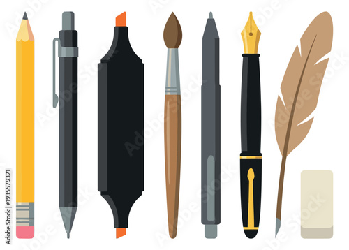 Flat design stationery items set featuring a pencil, mechanical pencil, marker, paintbrush, rollerball pen, fountain pen, quill pen, and eraser for creative work or education