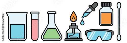 Cartoon line art science laboratory equipment set featuring glassware and experiment tools for chemistry and education