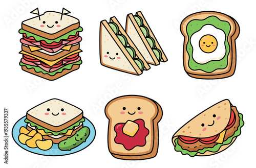 Kawaii hand drawn line art food set featuring various sandwiches and toast for breakfast, lunch, or snack menus