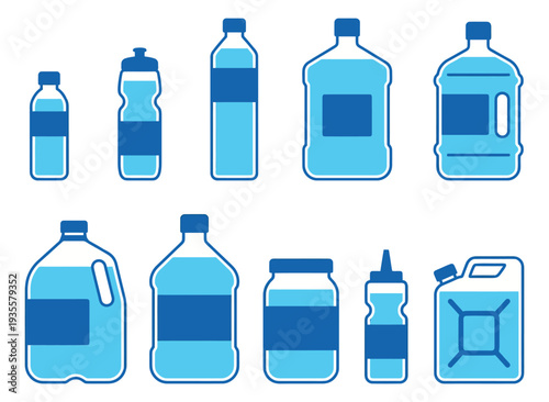Line art liquid container set featuring various bottles and jugs for hydration and storage