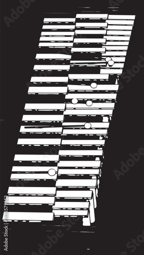 Abstract black and white piano keyboard stretched diagonally across design artful composition.