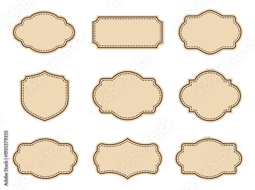 Vintage style labels set featuring various ornate shapes and dashed borders for packaging and branding designs