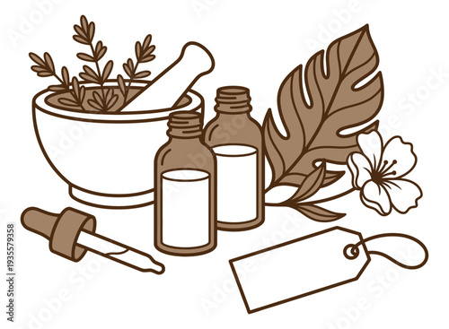 Hand drawn line art natural skincare set featuring a mortar and pestle, essential oil bottles, a dropper, botanical elements, and a blank tag for organic wellness products