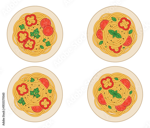 Flat design spaghetti dishes set featuring fresh vegetables and herbs for restaurant menus and culinary blogs