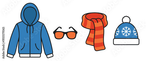 Line art winter accessories set featuring a hoodie, sunglasses, a scarf and a winter hat for cold weather