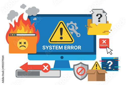 Flat design computer error concept set featuring system malfunctions, warning signs, and digital issues for technology troubleshooting