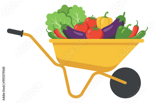 Flat design illustration of a garden wheelbarrow depicting a bounty of fresh produce for agriculture and healthy eating
