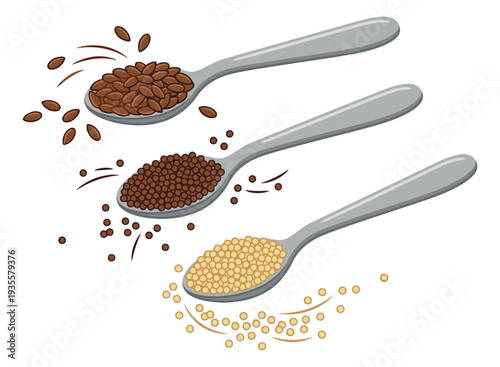 Line art seed set featuring flax, mustard, and quinoa seeds on spoons for healthy cooking and nutrition
