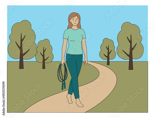 Line art illustration of a woman depicting walking with a jump rope for outdoor fitness