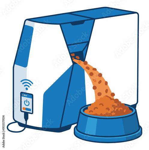 Modern flat design illustration of an automatic pet feeder depicting food dispensing into a bowl for smart pet care