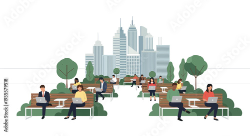 People working on laptops in a park with city skyline background, outdoor workspace concept