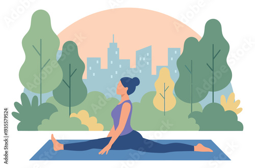 Flat illustration of a woman depicting a yoga split for health and wellness