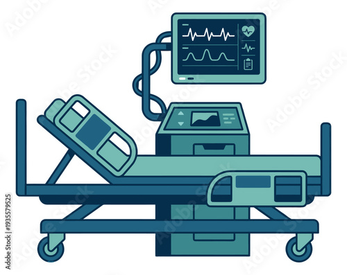 Modern line art illustration of a hospital bed and patient monitor depicting patient care and vital signs monitoring for medical treatment