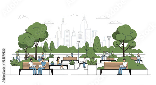 People relaxing and working on laptops in a modern urban park with trees and city skyline