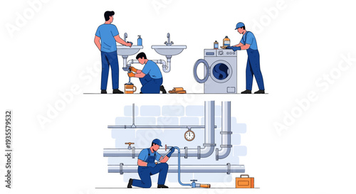 Illustration of plumbers working on pipes and appliances in a utility setting.