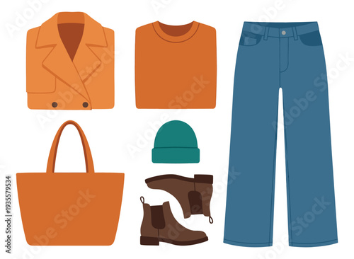 Flat design autumn outfit set featuring a coat, sweater, jeans, tote bag, beanie, and boots for seasonal fashion